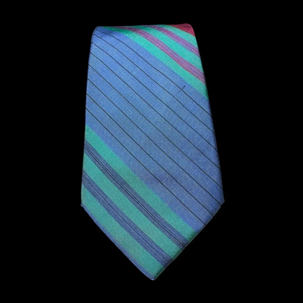 Jim Thompson Tie Blue Green Burgundy Striped Mens Necktie Hand Made Iridescent